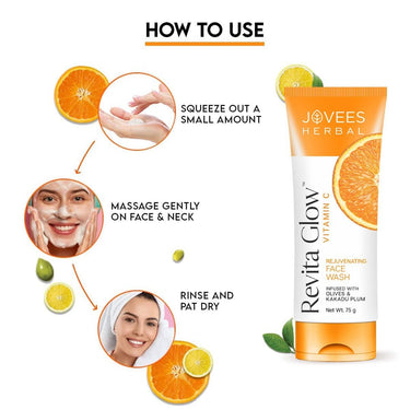 Jovees Herbal Revita Glow Vitamin C Face Wash For Glowing And Brightening Skin | Gentle Skin Hydrating & Rejuvenating Face Wash Cleanser with Kakadu Plum and Olives | For All Skin Types- 75g